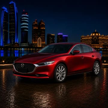 Red Mazda 3 2026 rental car in Abu Dhabi from Silver Arrow Car Rental
